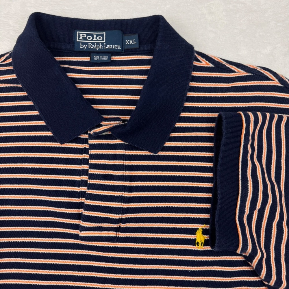 Polo Ralph Lauren Men XXL Navy Blue Orange Striped Short Sleeve Pique Polo Shirt